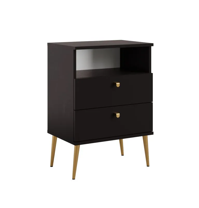 Nachtkommode Almyros 02, zwei Schubladen, Farbe: Schwarz, ABS-Kanten, Griffe & Beine: Gold, ein offenes Fach, hochwertiges Material, Maße: 69,5 x 50 x 34 cm