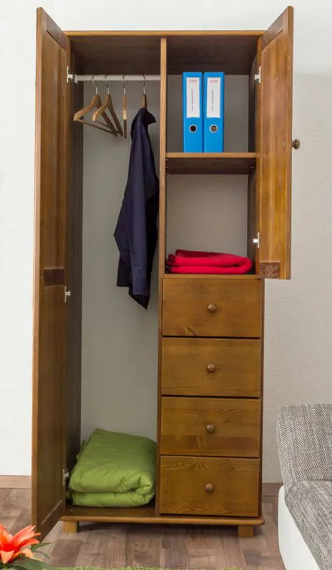Kleiderschrank | 1 Drehtür | 4 Schubladen | 80 cm breit | Massivholz | Farbe: Eiche Abbildung