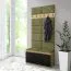 Platzsparende Garderobe 01 mit Sitzbank/Wand gepolstert, Artisan/Schwarz/Olive, 215 x 100 x 40 cm, für 8 Paar Schuhe, 6 Kleiderhaken, 4 Fächer