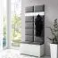 Schmale Ankleide / Garderobe 01 mit Sitzbank & Wand gepolstert, Weiß/Light Black, 215 x 100 x 40 cm, für 8 Paar Schuhe, 6 Kleiderhaken, 4 Fächer