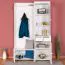 Weiße Garderobe mit Spiegel Kiefer Vollholz 28A, 200 x 125 x 41 cm, mit 2 Schubladen, 6 Fächern, 5 Haken und 1 Ablage, inklusive Beleuchtung