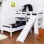 Etagenbett L-Form 90 x 200 cm | Buche massiv | weiß lackiert | mit Regal und Rutsche | inkl. Rollrost | teilbar Abbildung