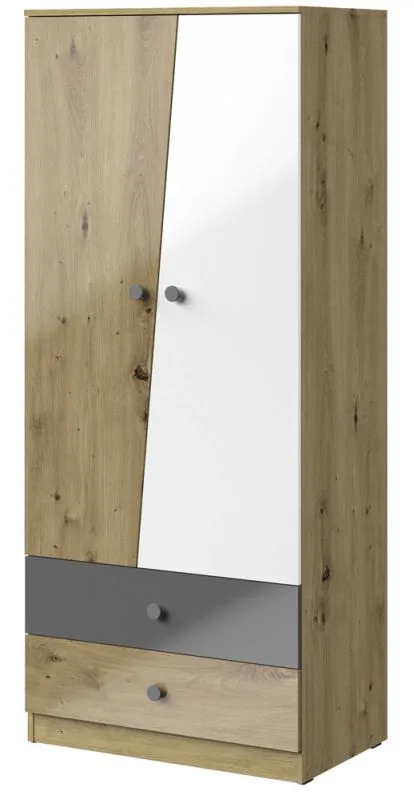 Drehtürenschrank / Kleiderschrank Sirte 01, Farbe: Eiche / Weiß / Grau Hochglanz - Abmessungen: 190 x 80 x 50 cm (H x B x T)