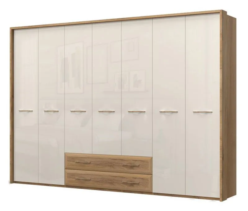 Großer 272 cm breiter Kleiderschrank mit 7 Türen, 8 Fächern und 2 Schubladen | Farbe: Beige | Tiefe: 56 cm Abbildung