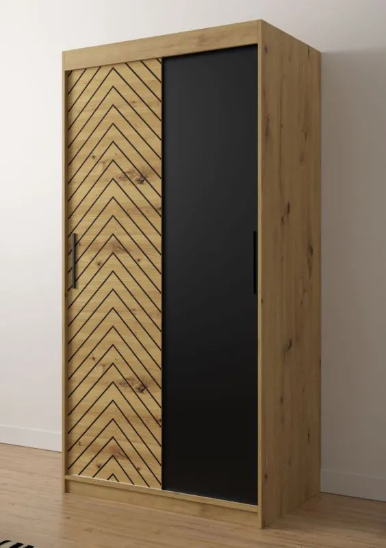 Schlichter Kleiderschrank mit modernen Design Mulhacen 01, Farbe: Eiche Artisan / Schwarz matt - Abmessungen: 200 x 100 x 62 cm (H x B x T), mit fünf Fächern und zwei Kleiderstangen