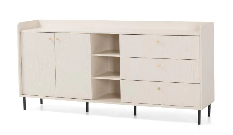 Kommode | 3 Schubladen | Farbe: Beige mit Holzstruktur | 5 Fächer | Maße: 193,5 x 42 x 91 cm | 2 Drehtüren | Beine & Griffe: Metall | Sideboard