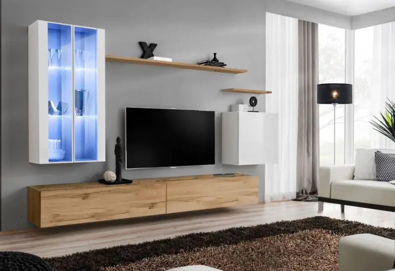Moderne Wohnwand Balestrand 188, Farbe: Weiß / Eiche Wotan - Abmessungen: 160 x 270 x 40 cm (H x B x T), mit LED-Beleuchtung