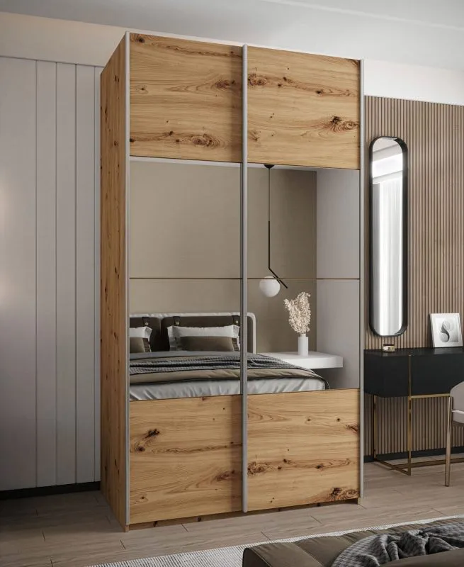 Kleiderschrank / Schiebetürenschrank | Farbe: Eiche Artisan | Spiegel | 6 Fächer | Soft-Close | 2 Kleiderstangen | 2 Schiebetüren | 245,5 x 140 x 64 cm