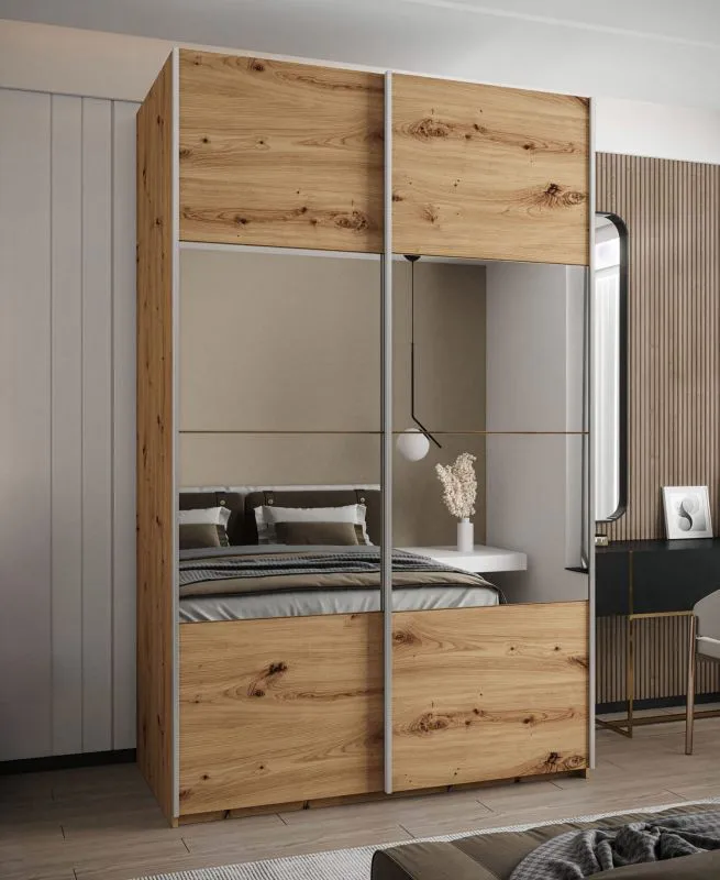 Kleiderschrank / Schiebetürenschrank | 245,5 x 150 x 64 cm | 2 Kleiderstangen | 6 Fächer | Soft-Close | 2 Schiebetüren | Spiegel | Farbe: Eiche Artisan