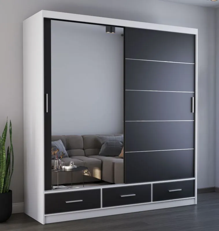 Schiebetürenschrank / Kleiderschrank mit Spiegel | Schwarz / Weiß | Lusatian 24 | 218 x 203 x 61 cm | 3 Schubladen | 12 Fächer | reichlich Stauraum