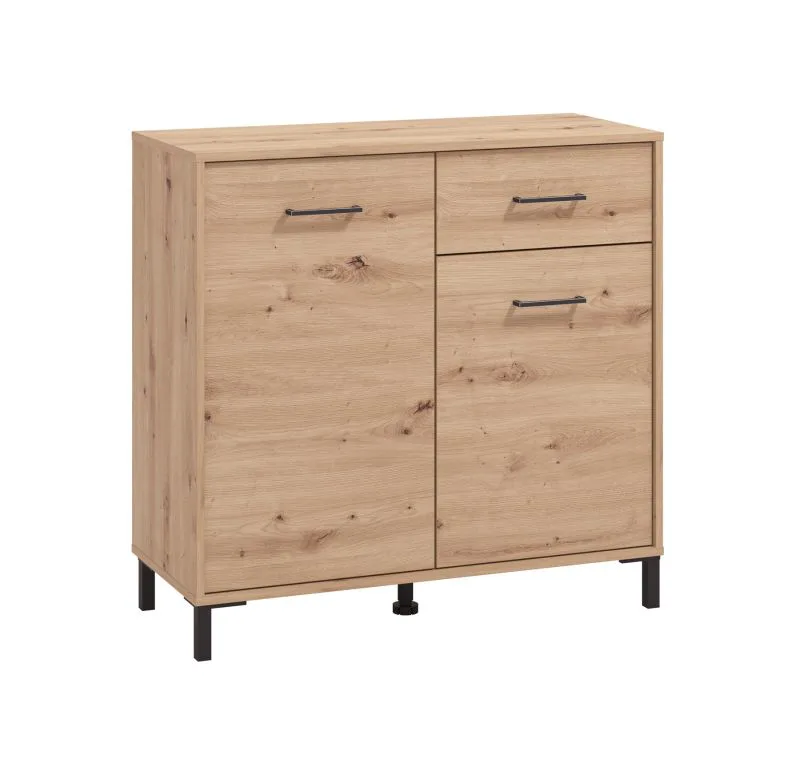 Kommode mit zwei Türen Sabas 04, Farbe: Eiche Artisan, eine Schublade, vier Fächer, ABS-Kantenschutz, Maße: 90 x 93 x 40 cm, modernes Design