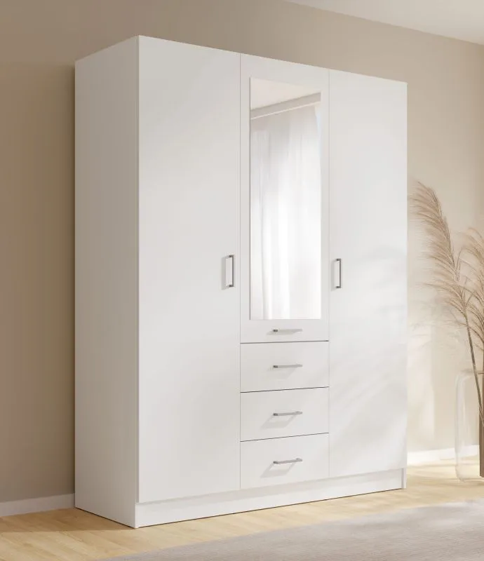 Kleiderschrank | 3 Schubladen | Farbe: Weiß | 2 Drehtüren | 1 Spiegeltür | 1 Kleiderstange | Maße: 150,5 x 58 x 200,5 cm | Drehtürenschrank | schlichtes Design