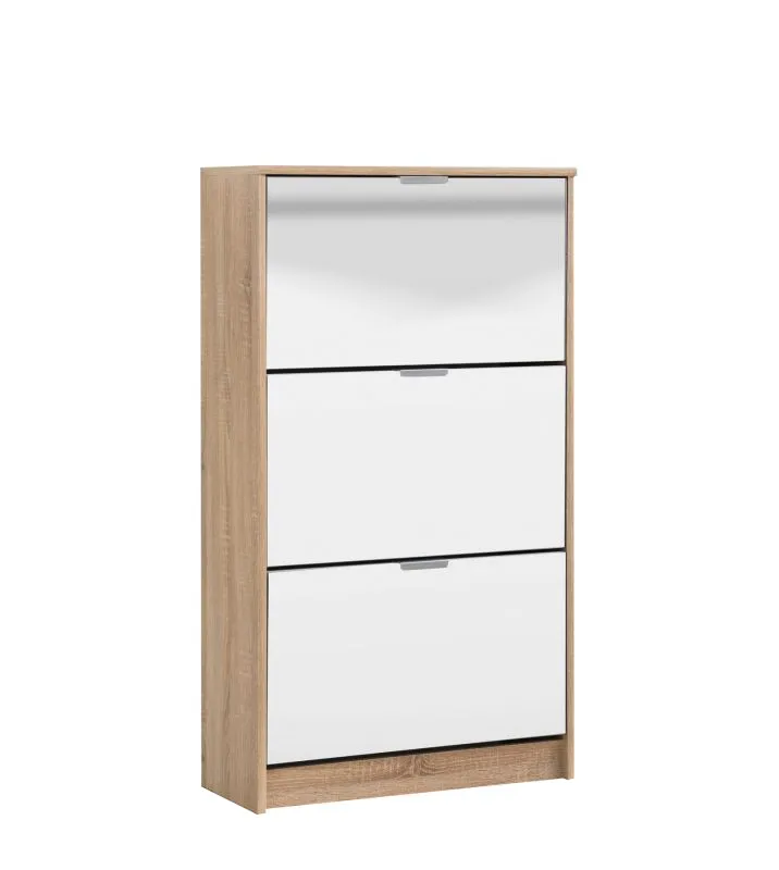 Schuhschrank mit Spiegel-Front Gradide 07, Farbe: Eiche Sonoma, drei Kipptüren, ABS-Kanten, Griffe: Grau, Maße: 119 x 67 x 28 cm, sechs Fächer