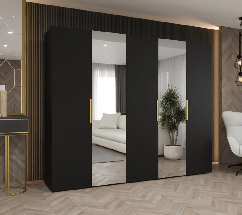 Drehtürenschrank mit 2,5 Meter breite Korab 96, Farbe: Schwarz, Soft-Close-Funktion, zwei Spiegeltüren, drei Kleiderstangen, Griffe: Gold, drei Fächer