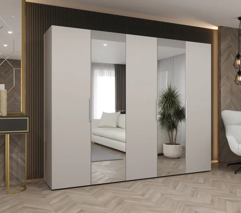 Kleiderschrank mit zwei Spiegeltüren Korab 98, Farbe: Kaschmir, Soft-Close-Funktion, drei Kleiderstangen, 2,5 Meter breit, Griffe: Kaschmir, Drehtürenschrank
