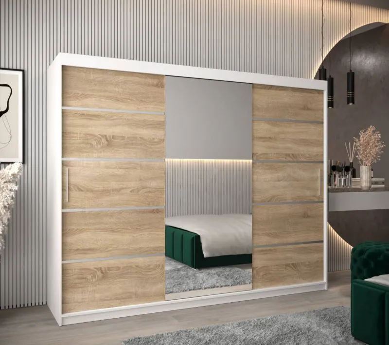 250 cm breiter Kleiderschrank mit 10 Fächern und 3 Türen | Farbe: Sonoma Eiche / Weiß Abbildung