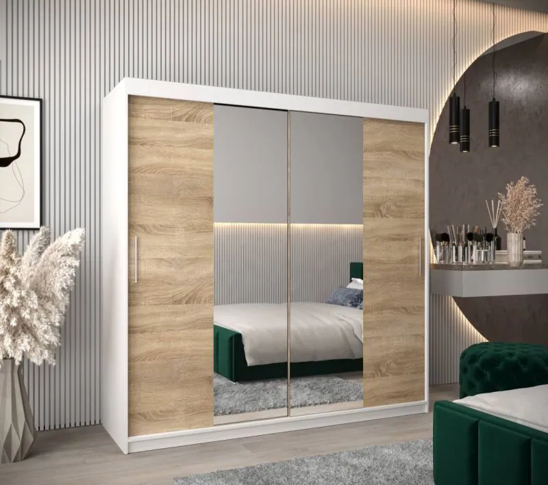 200 cm breiter Kleiderschrank mit 10 Fächern und 2 Türen | Farbe: Sonoma Eiche / Weiß Abbildung
