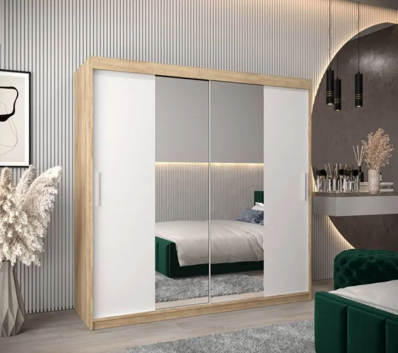 250 cm breiter Kleiderschrank mit 10 Fächern und 3 Türen | Farbe: Sonoma Eiche / Weiß Abbildung