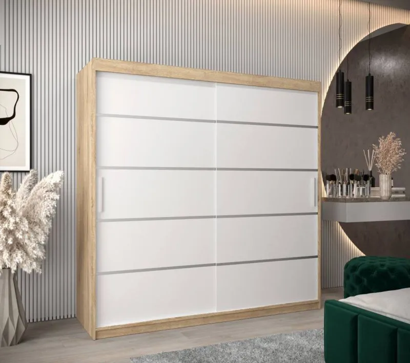 200 cm breiter Kleiderschrank mit 10 Fächern und 2 Türen | Farbe: Sonoma Eiche / Weiß Abbildung