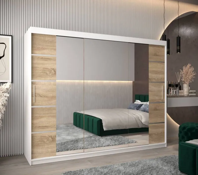 250 cm breiter Kleiderschrank mit 3 Türen | 10 Fächer | Farbe: Sonoma Eiche / Weiß Abbildung