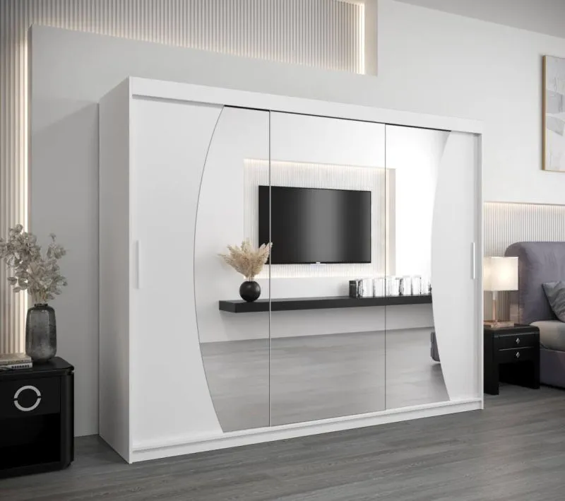 250 cm breiter Kleiderschrank mit 3 Türen | 10 Fächer | Farbe: Weiß Abbildung