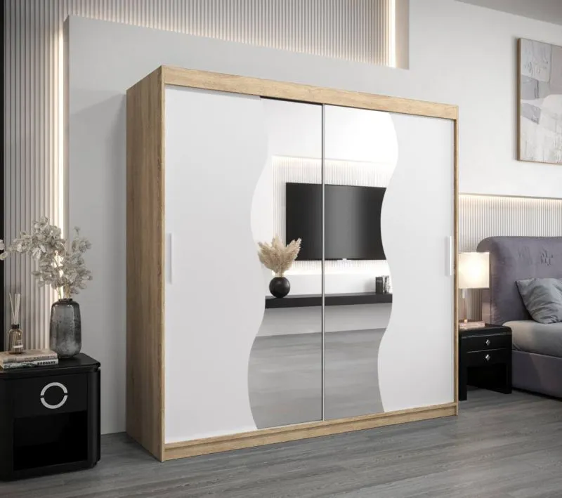 200 cm breiter Kleiderschrank mit 10 Fächern und 2 Türen | Farbe: Sonoma Eiche / Weiß Abbildung