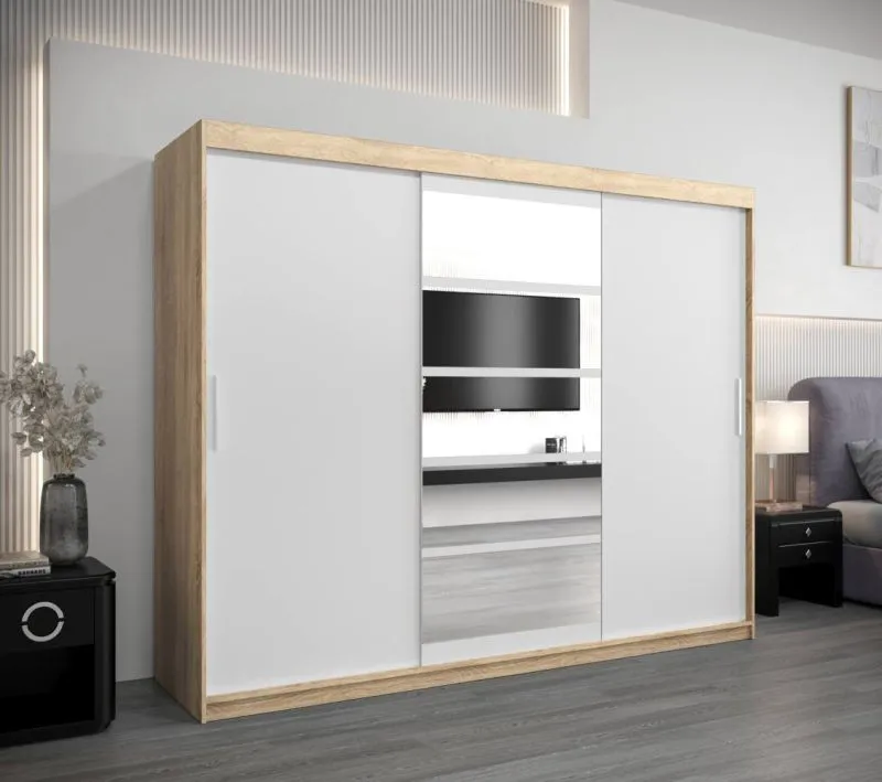 250 cm breiter Kleiderschrank mit 10 Fächern und 3 Türen | Farbe: Sonoma Eiche / Weiß Abbildung