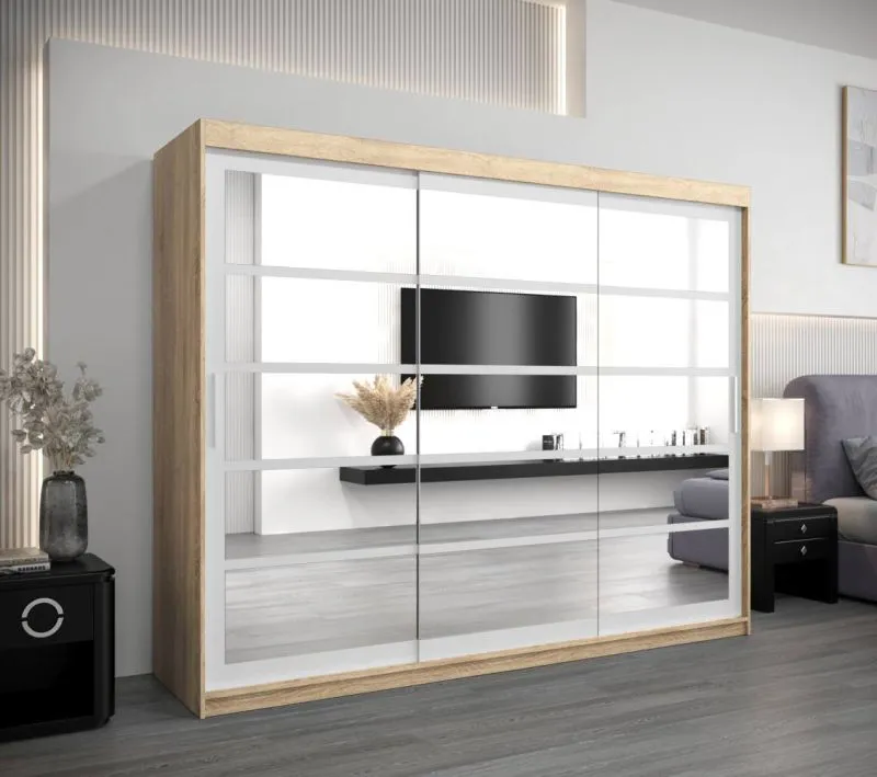 250 cm breiter Kleiderschrank mit 10 Fächern und 3 Türen | Farbe: Sonoma Eiche / Weiß Abbildung
