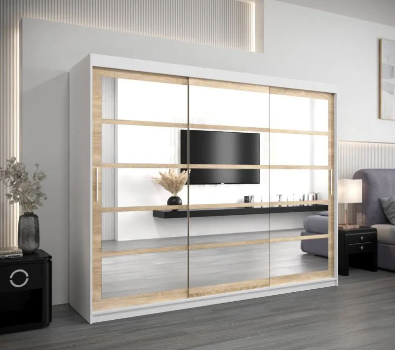 250 cm breiter Kleiderschrank mit 10 Fächern und 3 Türen | Farbe: Sonoma Eiche / Weiß Abbildung