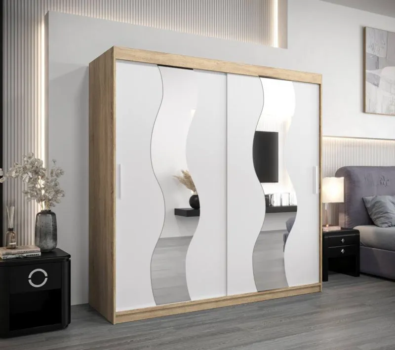 200 cm breiter Kleiderschrank mit 10 Fächern und 2 Türen | Farbe: Sonoma Eiche / Weiß Abbildung
