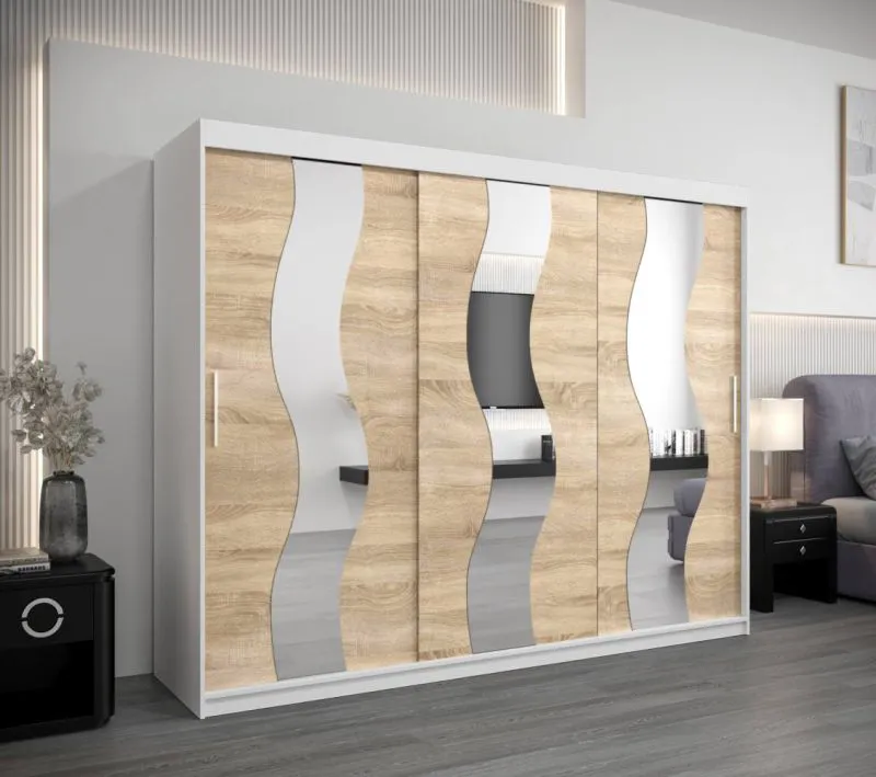250 cm breiter Kleiderschrank mit 10 Fächern und 3 Türen | Farbe: Sonoma Eiche / Weiß Abbildung