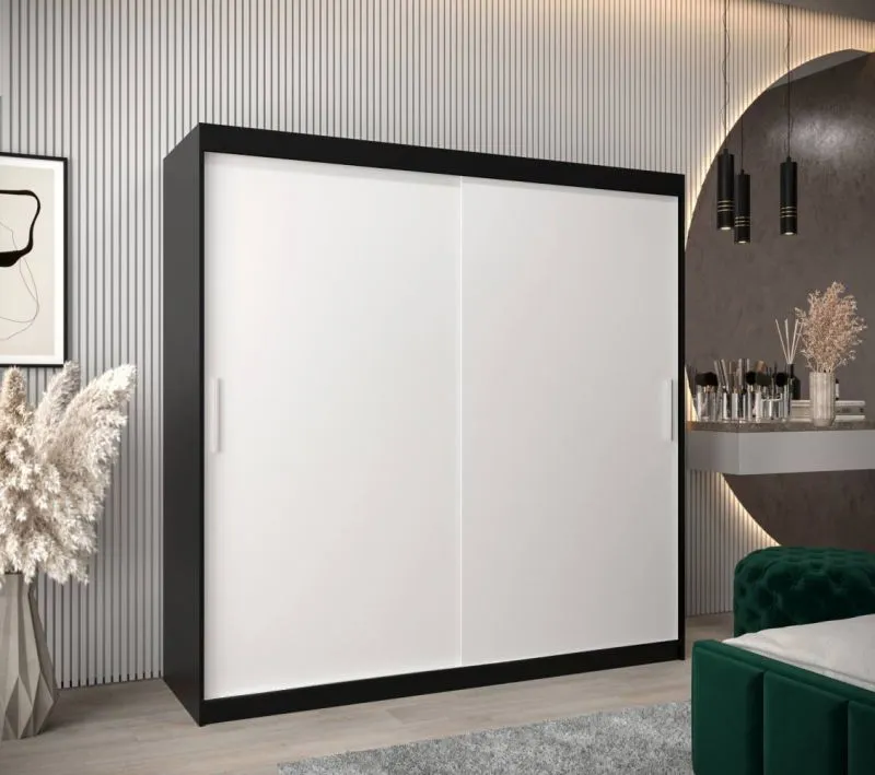 200 cm breiter Kleiderschrank mit 10 Fächern und 2 Türen | Farbe: Weiß / Schwarz Abbildung