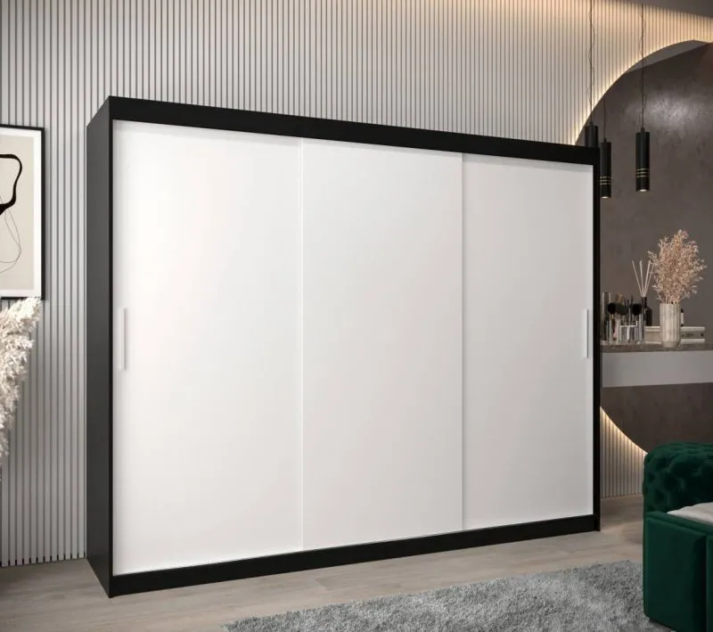 250 cm breiter Kleiderschrank mit 10 Fächern und 3 Türen | Farbe: Weiß / Schwarz Abbildung