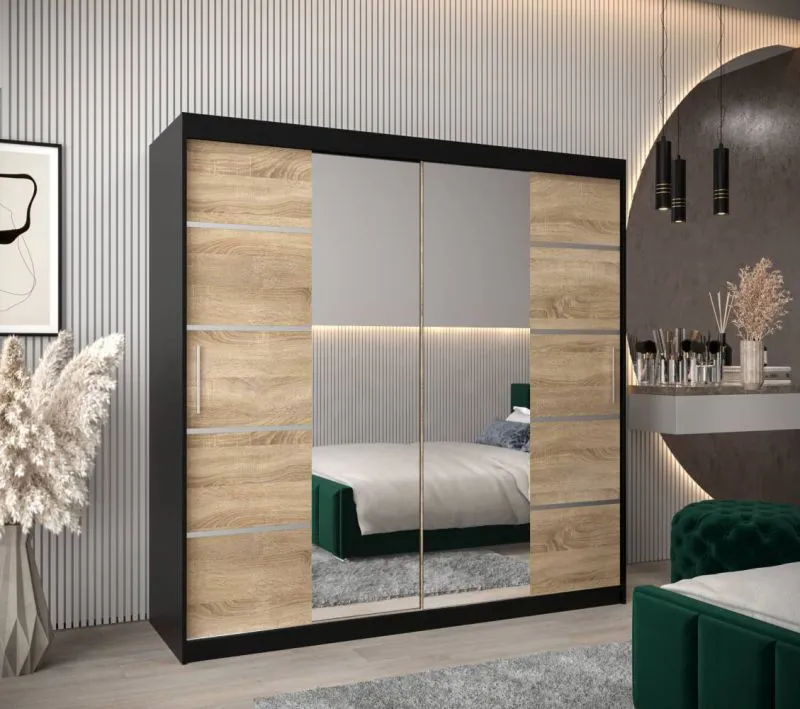 200 cm breiter Kleiderschrank mit 2 Türen | 10 Fächer | Farbe: Schwarz Abbildung