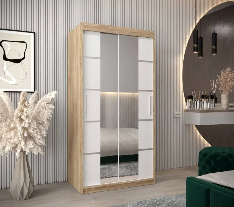 100 cm breiter Kleiderschrank mit 2 Türen | 5 Fächer | Farbe: Sonoma Eiche / Weiß Abbildung