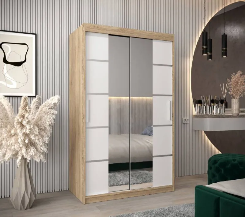 120 cm breiter Kleiderschrank mit 2 Türen | 5 Fächer | Farbe: Sonoma Eiche / Weiß Abbildung