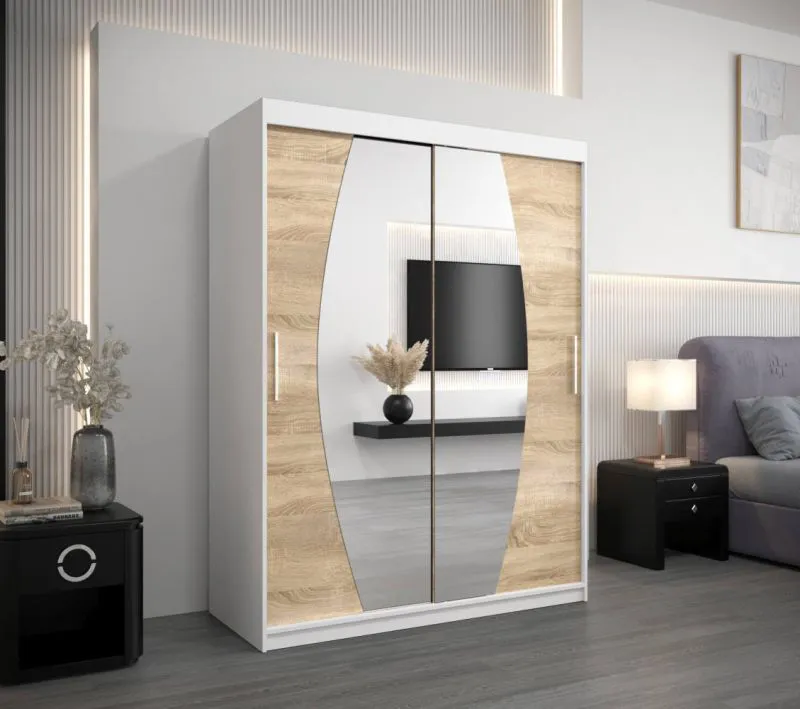 150 cm breiter Kleiderschrank mit 5 Fächern und 2 Türen | Farbe: Sonoma Eiche / Weiß Abbildung
