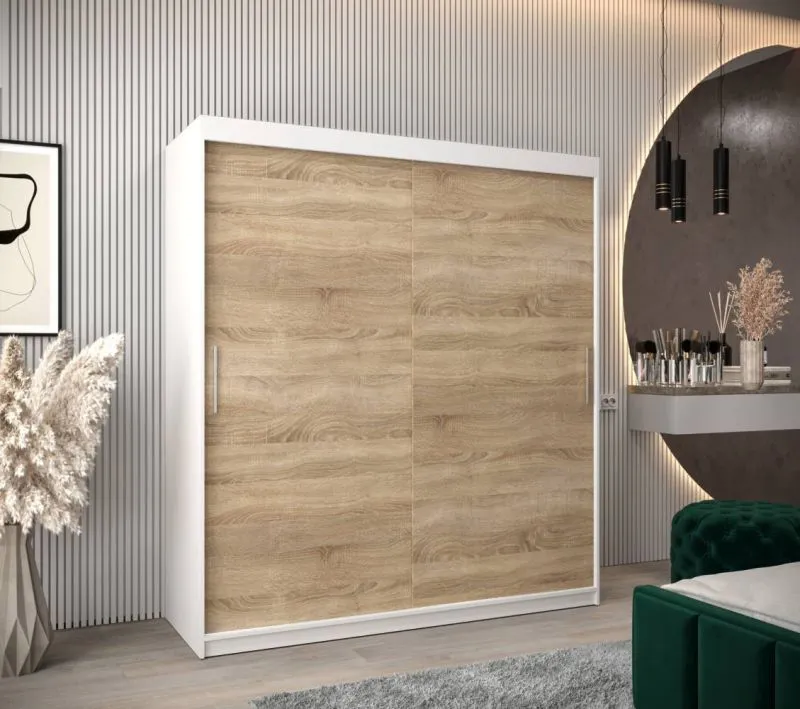 180 cm breiter Kleiderschrank mit 10 Fächern und 2 Türen | Farbe: Sonoma Eiche / Weiß Abbildung