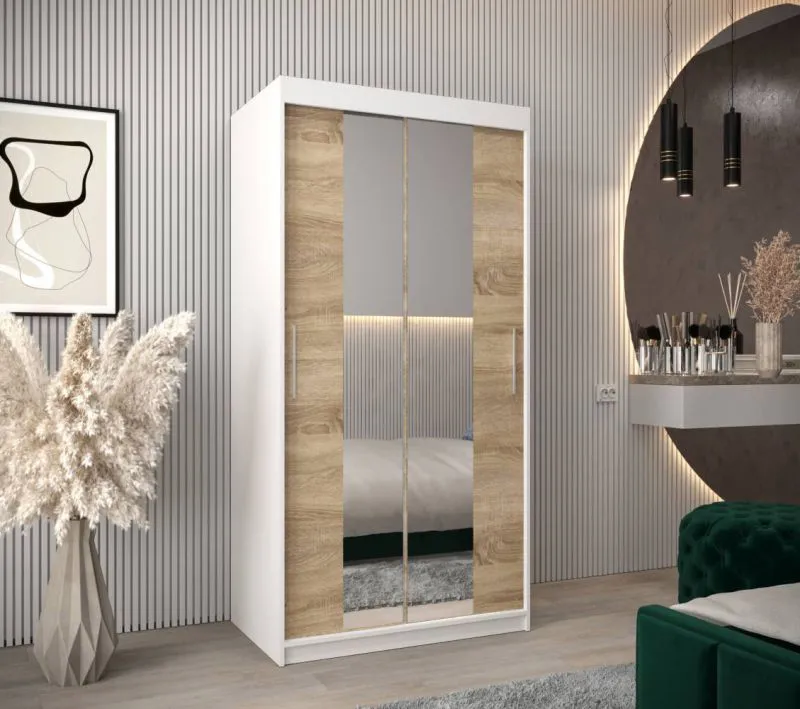 100 cm breiter Kleiderschrank mit 5 Fächern und 2 Türen | Farbe: Sonoma Eiche / Weiß Abbildung