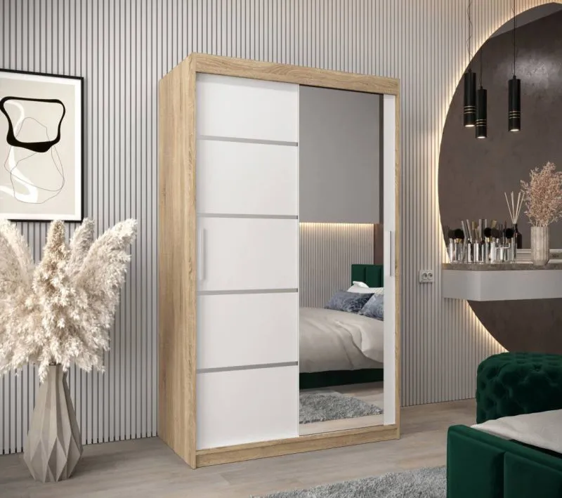 120 cm breiter Kleiderschrank mit 5 Fächern und 2 Türen | Farbe: Sonoma Eiche / Weiß Abbildung