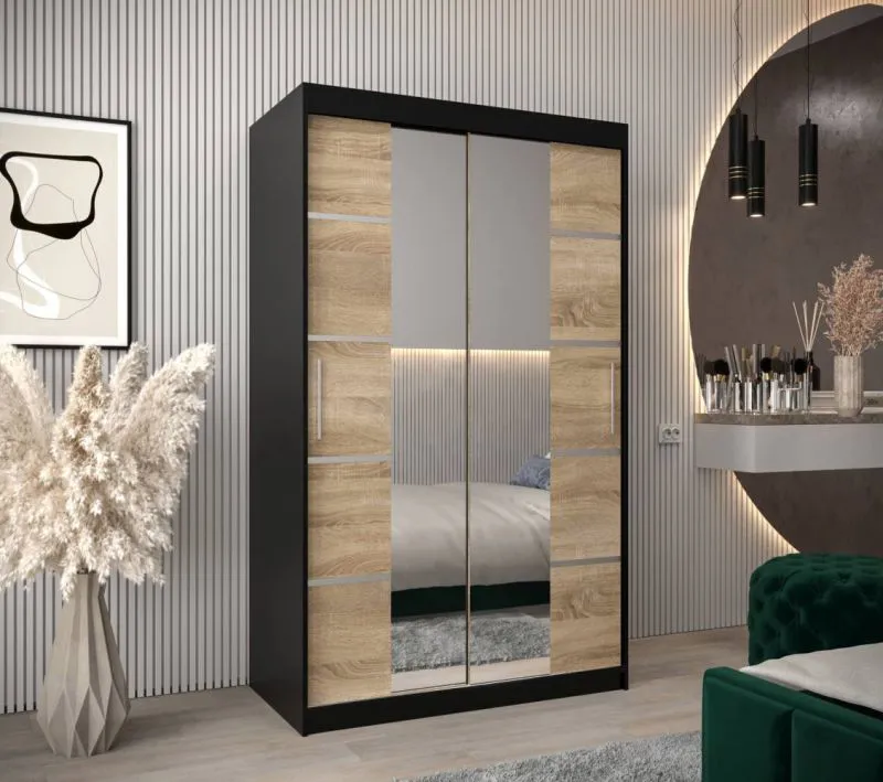 120 cm breiter Kleiderschrank mit 2 Türen | 5 Fächer | Farbe: Schwarz Abbildung