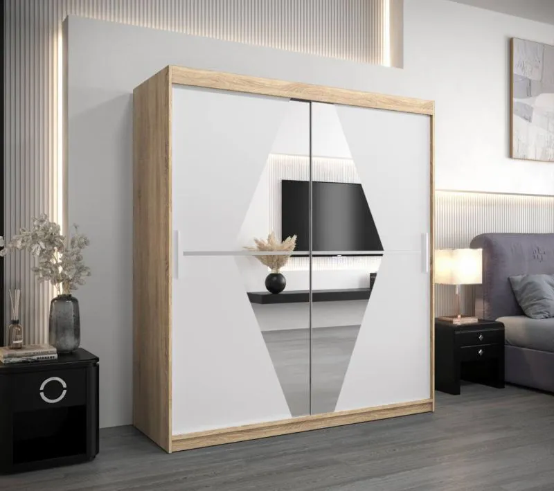 180 cm breiter Kleiderschrank mit 2 Türen | 10 Fächer | Farbe: Sonoma Eiche / Weiß Abbildung