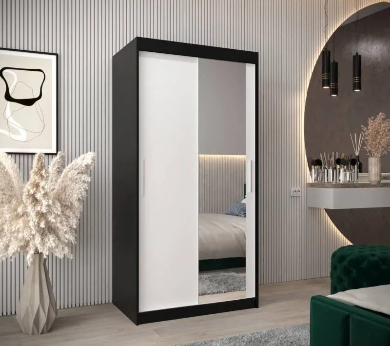 100 cm breiter Kleiderschrank mit 5 Fächern und 2 Türen | Farbe: Weiß / Schwarz Abbildung