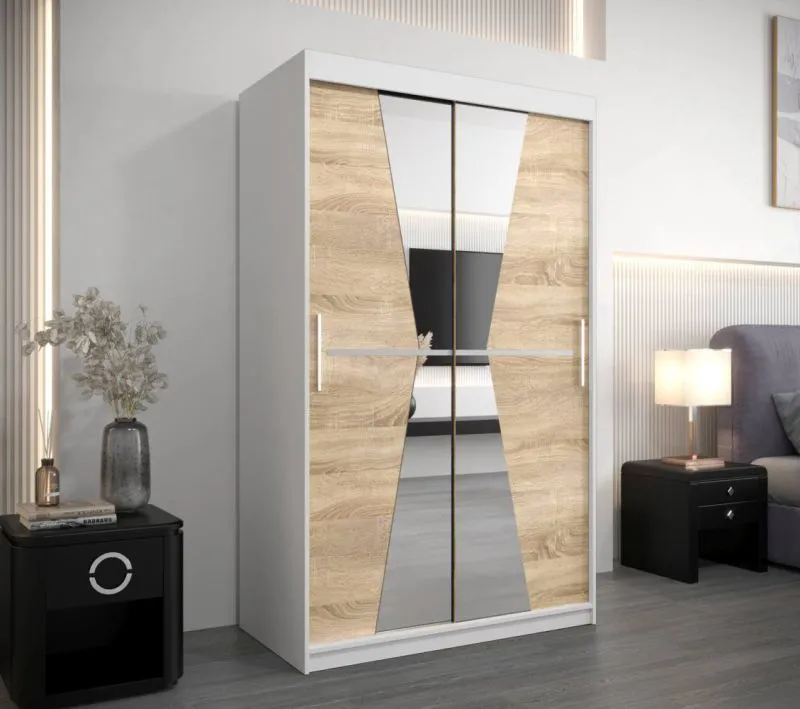 120 cm breiter Kleiderschrank mit 5 Fächern und 2 Türen | Farbe: Sonoma Eiche / Weiß Abbildung