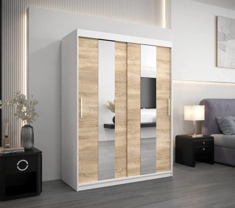 150 cm breiter Kleiderschrank mit 2 Türen | 5 Fächer | Farbe: Sonoma Eiche / Weiß Abbildung