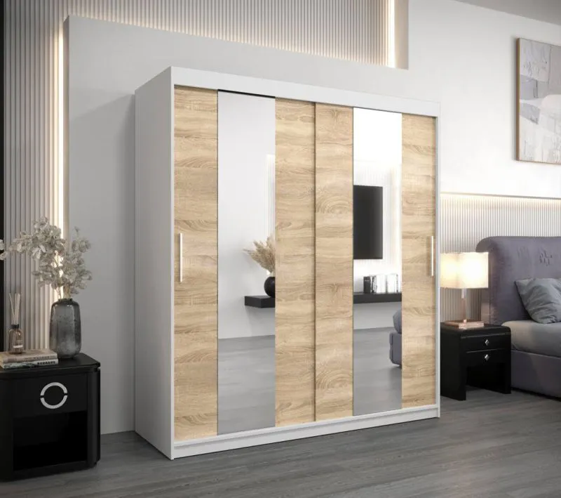 180 cm breiter Kleiderschrank mit 2 Türen | 10 Fächer | Farbe: Sonoma Eiche / Weiß Abbildung