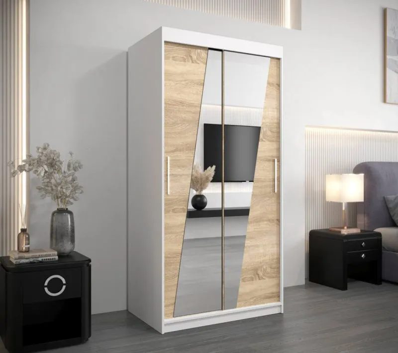 100 cm breiter Kleiderschrank mit 2 Türen | 5 Fächer | Farbe: Sonoma Eiche / Weiß Abbildung