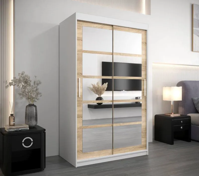 120 cm breiter Kleiderschrank mit 5 Fächern und 2 Türen | Farbe: Sonoma Eiche / Weiß Abbildung