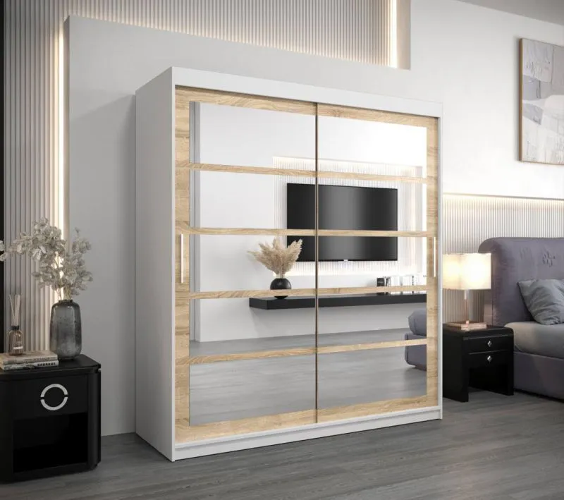 180 cm breiter Kleiderschrank mit 10 Fächern und 2 Türen | Farbe: Sonoma Eiche / Weiß Abbildung