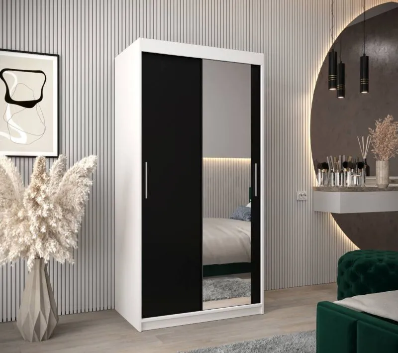 100 cm breiter Kleiderschrank mit 5 Fächern und 2 Türen | Farbe: Weiß / Schwarz Abbildung